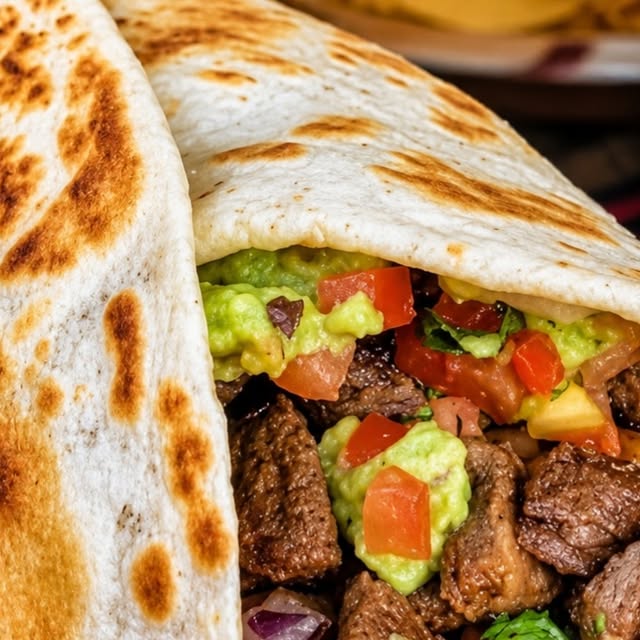 Carne asada, guacamole and pico in a warm flour tortilla